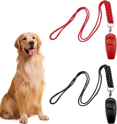 Dailygoods - 2 stuks hondenfluitje, 2-in-1 professionele clicker voor honden, hoge frequentie, oproep om de hond te controleren, met gevlochten koord voor hondentraining, zwart/rood