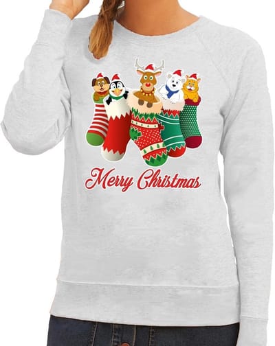 Bellatio Decorations Foute Kersttrui - sweater - kerstsokken met diertjes - Merry Christmas - grijs - voor dames XS