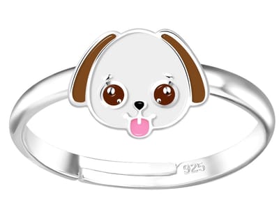 Joy|S - Zilveren hond ring - verstelbaar - hondje wit bruin - voor kinderen