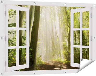 Gards Tuinposter Doorkijk Bos met Bomen en Zonneschijn - 120x80 cm - Tuindoek - Tuindecoratie - Wanddecoratie buiten - Tuinschilderij