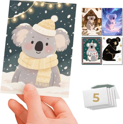Inspra Studio – Luxe Kerstkaarten met Enveloppen – 5 Stuks – Dieren Wenskaarten Collectie – Mix van 5 Unieke Illustratiestijlen – Koala