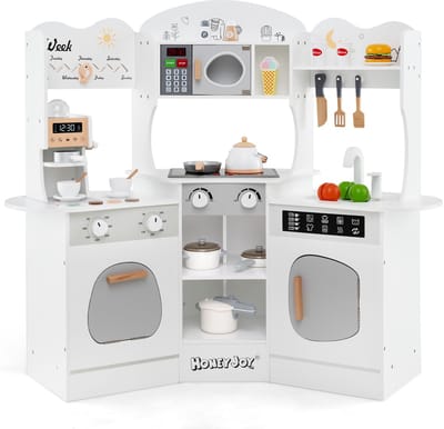 COSTWAY Kinderkeuken met accessoires, hoekspeelkeuken van hout met licht en geluid, houten keuken met koffiezetapparaat, magnetron, wasmachine, oven, hoekspeelkeuken voor kinderen vanaf 3 jaar