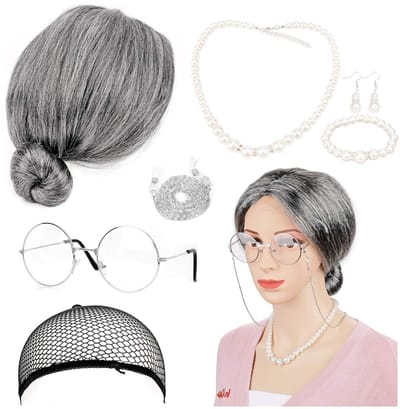 Dailygoods- Kostuumset Oude Dame - Grijze Pruik - Verkleedaccessoires - Kunstmatige Parelketting - Oorbellen/Armband - 5 Stuks - Polyester - Verkleedkostuum