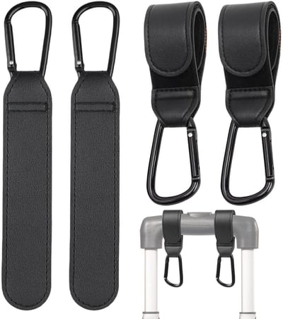 Dailygoods - 4 stuks kinderwagenhaken, universele tashaken van leer en roestvrij staal, karabijnhaak voor luiertas, buggy, winkelwagen en rollator als praktische hanger