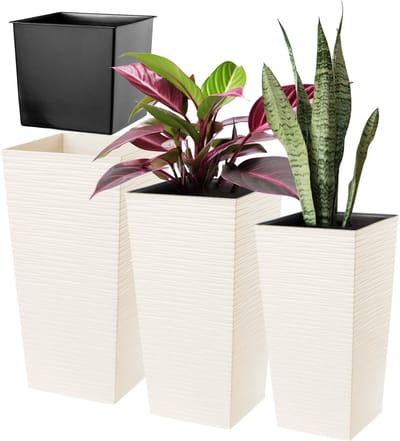 KADAX Set van 3 plantenbakken met binnenpot, 46,5/57,5/68 cm hoogte, crèmekleurig, weerbestendige en robuuste bloempot van kunststof, bloempotten voor binnen en buiten