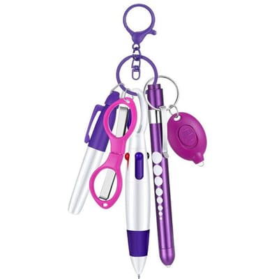 6-in-1 Multifunctionele Intrekbare Balpen Set Zaklamp Opvouwbare Schaar Balpen Sleutelhanger Verpleegkundigen Pennen Permanente Marker paars