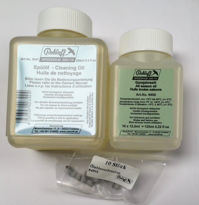 Rohloff 8409S oliewisselset voor 10 oliewissels van Rohloff naaf (250 ml spoelolie + 125 ml gansjaarolie + 10 dichtingsschroeven)