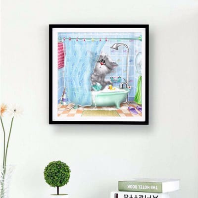 Peinture diamant 5D à faire soi-même « Chat timide se baignant » Broderie au point de croix Strass Peinture Décoration d'intérieur 30x30CM gray