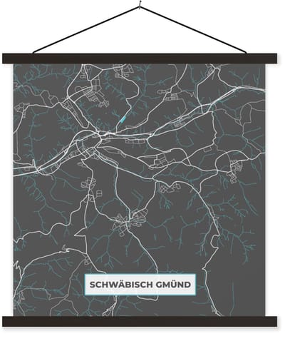 Posterhanger incl. Poster 60x60 cm - Schoolplaat - Blauw – Duitsland – Plattegrond – Stadskaart – Kaart – Schwäbisch Gmünd - Textielposter - Zwarte latten - Stadskaart