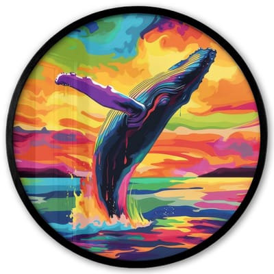 Poster in lijst Rond - Fotolijst 40x40 cm - Posters - Zonsondergang - Walvis - Geschilderd - Kleurrijk - Ronde posterlijst zwart - Decoratie - Wanddecoratie woonkamer - Muurdecoratie slaapkamer