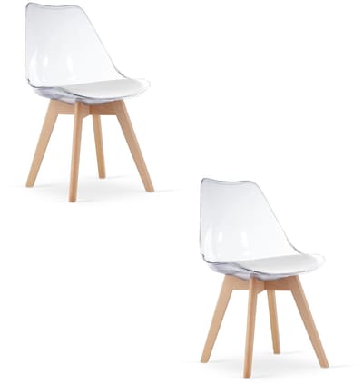 Set van 2 Stoelen MARK – Transparant, Beukenhouten Poten, Kunststof Zitting met Kunstlederen Kussen, Strak Design, Ergonomisch, Geschikt voor Keuken, Eetkamer, Kantine en Werkruimte, Max. 120 kg