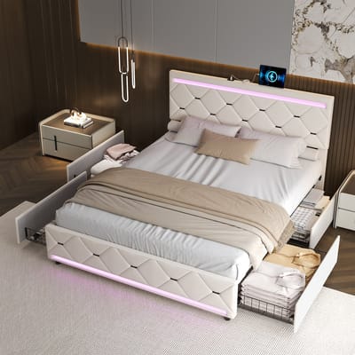 Tweepersoonsbed 140x190cm, opbergbed met 4 lades, gestoffeerd met ledverlichting en USB-oplaadpoort, kingsize, functioneel bed, beige fluweel, zonder matras