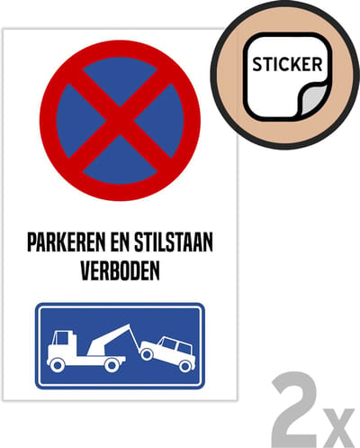 Pictogram/ stickers (2x) | "Parkeren en stilstaan verboden" | 15 x 25 cm | Zelfklevend | Bord E2 | Hier niet parkeren | Parkeerverbod | 2 stuks