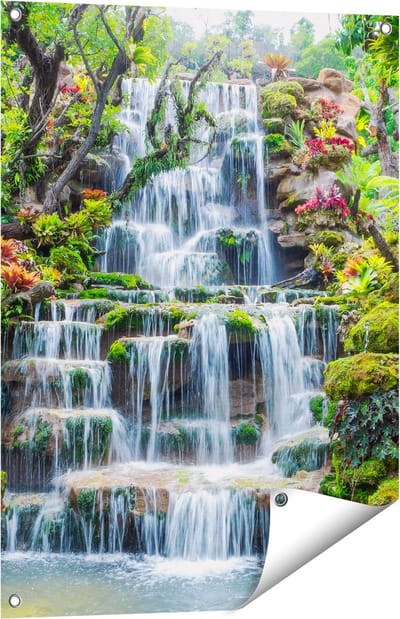 Gards Tuinposter Tropische Waterval in Thailand - 60x80 cm - Tuindoek - Tuindecoratie - Wanddecoratie buiten - Tuinschilderij