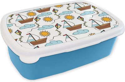 Broodtrommel Blauw - Lunchbox - Brooddoos - Vlieger - Zomer - Boot - Patroon - 18x12x6 cm - Kinderen - Jongen