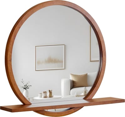 Wandspiegel met Plank - Houten Spiegel - Entree Decoratie - Uniek Natuurlijk Design - 61 cm Diameter - Bruin