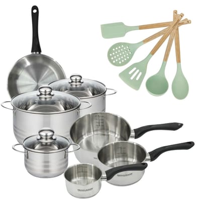 Set van 1 pan 20 cm, 3 kookpotten 16/20/24 cm en 3 steelpannen 12/16/20 cm Fackelmann Genève en 5 keukengerei Oceaan