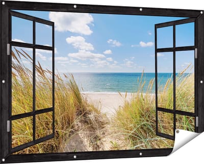 Gards Tuinposter Doorkijk Strand en Zee vanuit Duinen - 150x100 cm - Tuindoek - Tuindecoratie - Wanddecoratie buiten - Tuinschilderij
