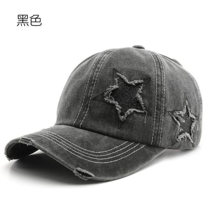 Vintage Ster Borduurwerk Baseballpet Verstelbare Buiten Snapback Hoed Gewassen Katoen Uitgesneden Staart Hoge Paardenstaart Hip Hop Hoeden (Black,55-60cm) zwart