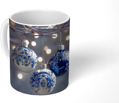 Mok - Koffiemok - Kerstbal - Versierd - Blauw - Mokken - 350 ML - Beker - Koffiemokken - Theemok