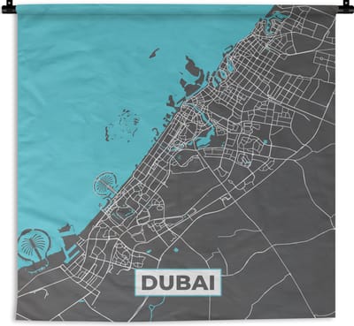 Wandkleed - Wanddoek - Dubai - Stadskaart - Blauw - Kaart - Plattegrond - 180x180 cm - Wandtapijt
