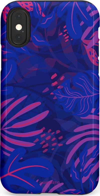 Casetastic hoesje geschikt voor Apple iPhone X / Apple iPhone XS - Dubbellaagse bescherming - Neon jungle blad - Fashion Case - Donkerblauw Lavendel Roze