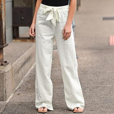 Vrouwen wijde pijpen broek hoge taille riem effen kleur casual katoen linnen lange rechte broek vrouwelijke enkellange lengte broek S wit