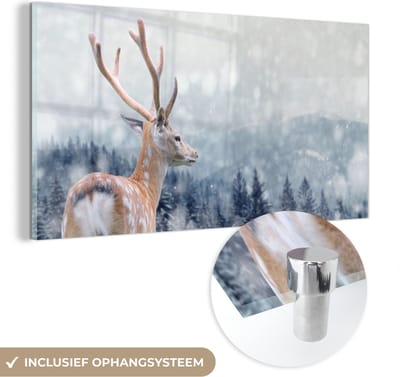MuchoWow® Glasschilderij 40x20 cm - Schilderij acrylglas - Winter - Hert - Dieren - Foto op glas - Schilderijen