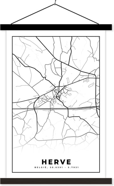 Posterhanger incl. Poster 40x60 cm - Schoolplaat - Zwart Wit – België – Plattegrond – Stadskaart – Kaart – Herve - Textielposter - Zwarte latten - Stadskaart