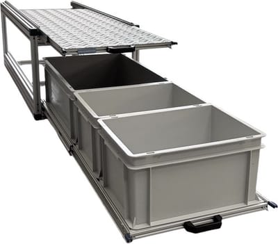 Dubbel schuifframe voor camper 120x40 cm met open bakken en aluminium topplaat - belastbaar tot 130 kg
