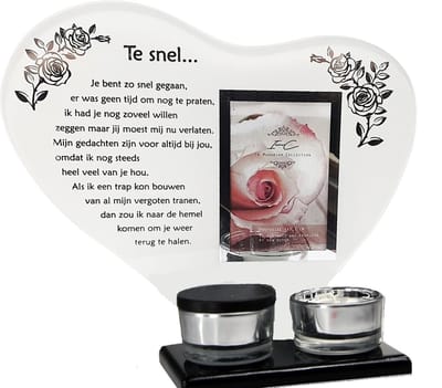 Waxinehouder In Memoriam met mini urn en gedicht Te snel... Je bent zo...,Fotolijst In Memoriam, In Memoriam, overlijden,overleden,herdenken,