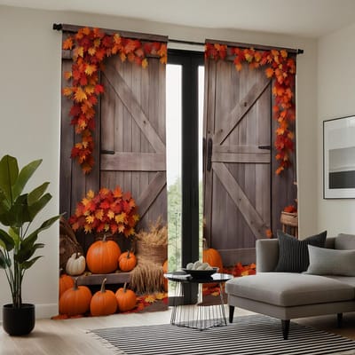 2 pièces HD Thanksgiving rotin Feuille d'érable porte en bois citrouille rideau décoratif couleur café rideau impression numérique Déco maison W52H63inchW132H160cm gray