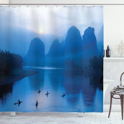 New Bed, Blauw Zonsopgang Vlot Rivierlandschap, Douchegordijn Badkamer Decor Set met Haakjes, 180 cm B 200 cm L