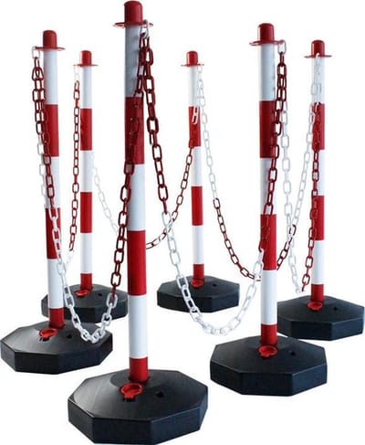Technosafety – Afzetpalen Rood-Wit – 10 palen incl. 44M ketting – Kettingpalen – Afzetlint – Kunststof