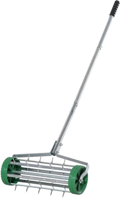 Gazonbeluchter - Handmatige Gazon Beluchter - Verstelbare Handgreep - Handverticuteermachine - Getande Rol - Gazonbeluchting- voor Verdichte Bodems en Grasvelden - Groen + Zilver