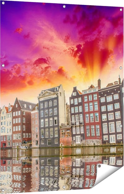 Gards Tuinposter Amsterdamse Huisjes bij het Kanaal - Kleur - 90x120 cm - Tuindoek - Tuindecoratie - Wanddecoratie buiten - Tuinschilderij