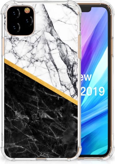 Apple iPhone 11 Pro Max Anti-Shock Hoesje Marmer Wit Zwart - Origineel Cadeau Man