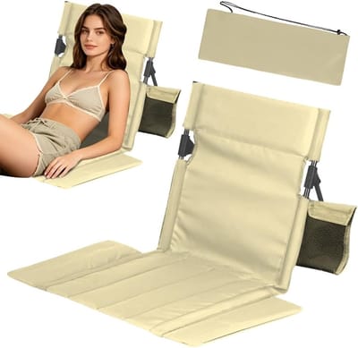 Thijox - Beige Strandklapstoel met Rugleuning, Inklapbaar Tribunekussen, Draagbare Opvouwbare Campingstoel, Ideaal voor Strand, Tuin, Picknick en Wand
