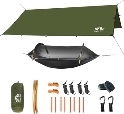 Camping Hangmat met Klamboe en Multi Use Tarp - Lichtgewicht Draagbare Hangmat voor Outdoor Reizen, Wandelen en Backpacken