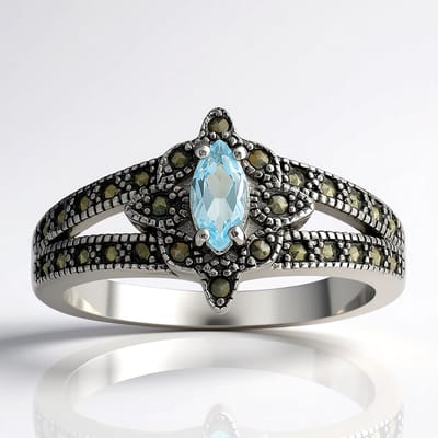 Cavill - Elegante zilveren ring - 925 sterling zilver - Hemelblauwe marquise topaas 0,26 ct - 28 marcasieten - Tijdloze topaas sieraden