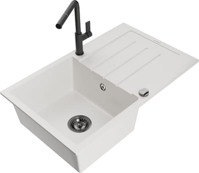 Mexen Bruno granieten spoelbak 1-kompartment met afdruiprek en keukenkraan Flora, wit - 6513-20-670401-70-B