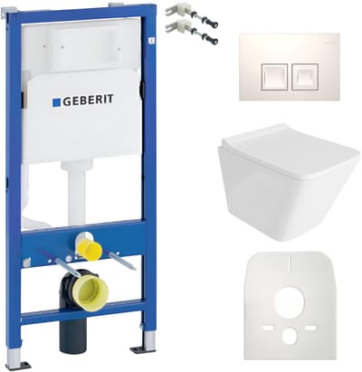 Inbouwreservoir Complete Toiletset Geberit Duofix Basic - Inbouw WC Hangtoilet Wandcloset LAGO Wit Hoogglans - Bedieningsplaat DELTA Wit - Voorwandelement - Installatiesysteem