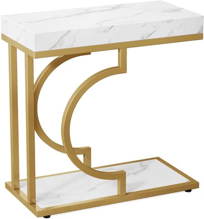 Bijzettafel Dublin - Voor woonkamer of slaapkamer - Nachtkast - Wit/goud