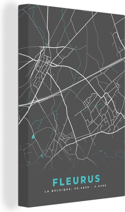Canvas Schilderij Plattegrond – Fleurus – Blauw – Stadskaart - Kaart - België - 20x30 cm - Wanddecoratie
