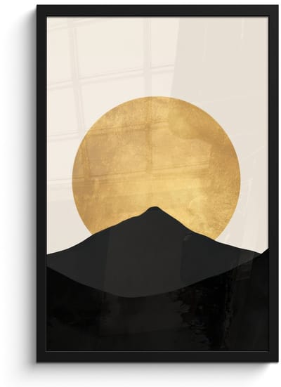 Poster in lijst - Fotolijst 40x60 cm - Posters - Bergsilhouetten - Gouden cirkel - Beige - Posterlijst zwart - Decoratie - Wanddecoratie woonkamer - Muurdecoratie slaapkamer