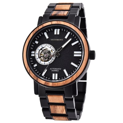 Victorious Tijgerhout met Zwart Stalen Heren horloge - Ignite - Ø44mm