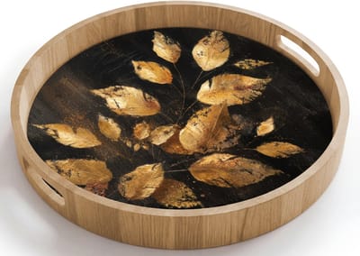 Dienblad rond 40x40 cm - Schootdienblad hout - Gouden Bladeren op Donkere Achtergrond - Borrelplank rechthoek - Plateau houten dienbladen