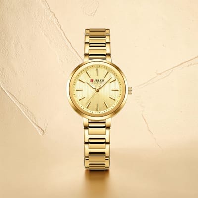 CURREN 9109 Dameshorloge Volledig Goudkleurig – Quartz Polshorloge met RVS Band, Lume Wijzers, Golfpatroon en 3ATM Waterbestendig – 5 Kleurvarianten – 32mm Dial