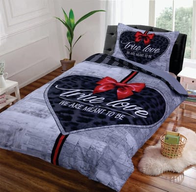 Dekbedovertrek -True Love Strik-Grijs- Eenpersoons -140 x 220-cm + 1 kussensloop 60x70cm