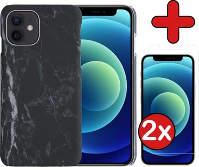 Hoesje Geschikt voor iPhone 12 Hoesje Marmer Hardcover Fashion Case Hoes Met 2x Screenprotector - Hoes Geschikt voor iPhone 12 Marmer Hoesje Hardcase Back Cover - Zwart